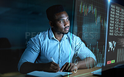 Buy stock photo Businessman, thinking or futuristic finance data in night office for stock market trading, investment management or global economy learning. Financial worker, 3d abstract or analytics with innovation