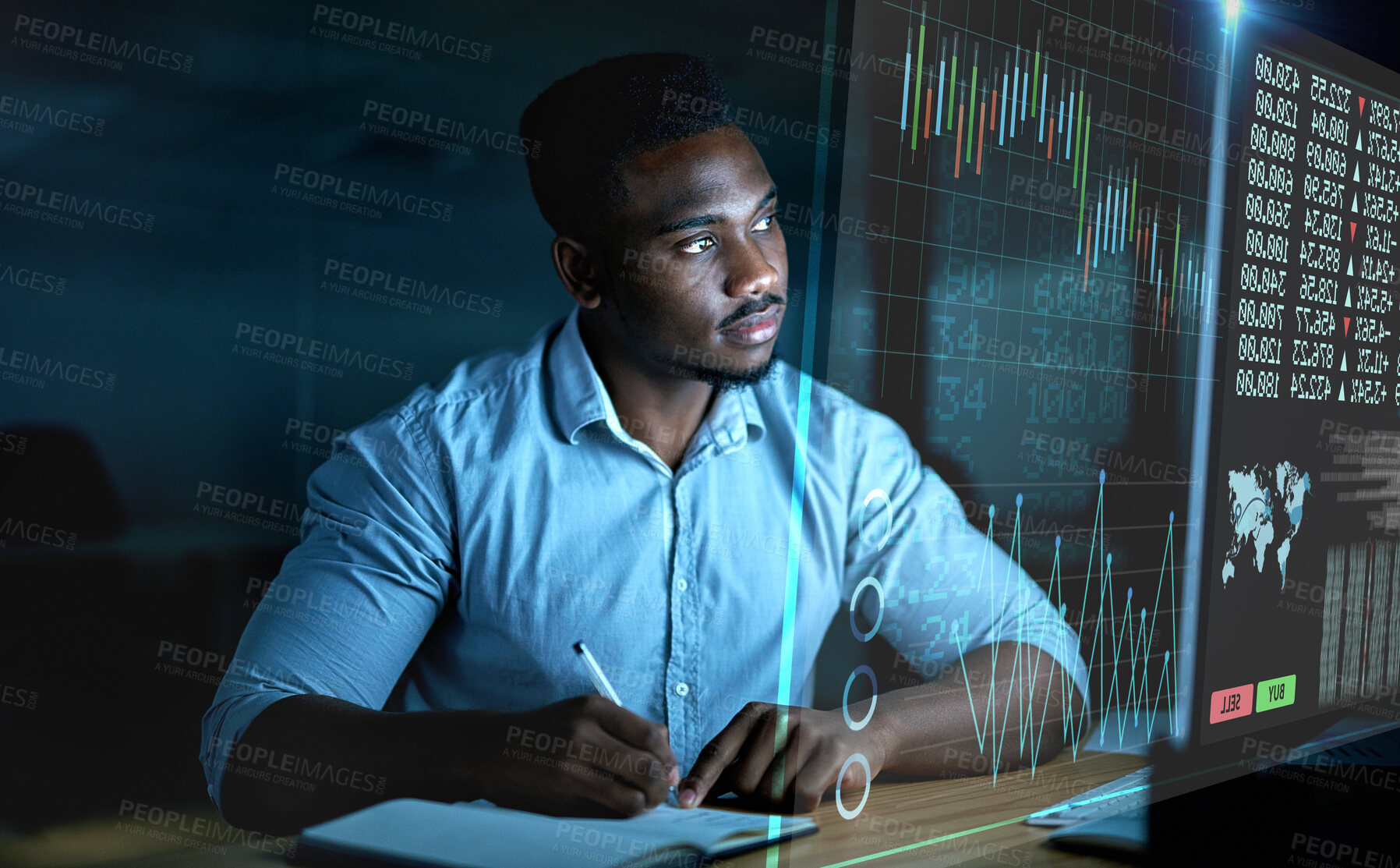 Buy stock photo Businessman, thinking or futuristic finance data in night office for stock market trading, investment management or global economy learning. Financial worker, 3d abstract or analytics with innovation