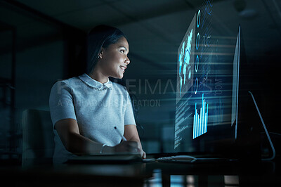 Buy stock photo Business woman, computer or futuristic finance in night office planning, stock market trading or global investment management. 3D abstract data, technology or financial worker and happy evening smile