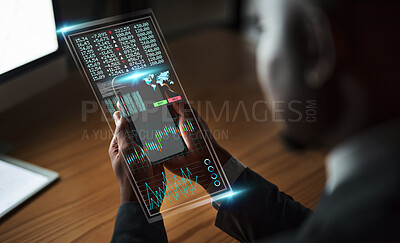 Buy stock photo Man hands, phone and digital hologram in office for web desin, online networking and ux cloud computing. Businessman, iot future and fintech software or programming futuristic code for stock markets