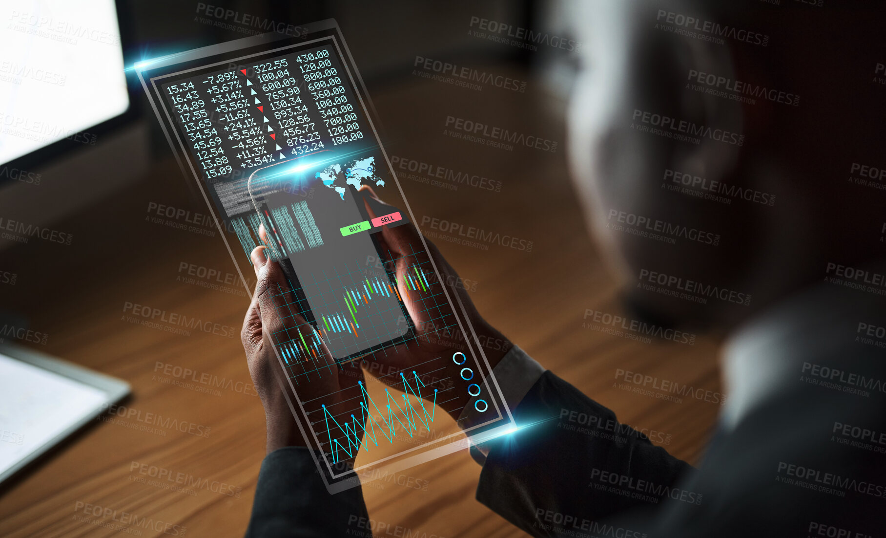 Buy stock photo Man hands, phone and digital hologram in office for web desin, online networking and ux cloud computing. Businessman, iot future and fintech software or programming futuristic code for stock markets