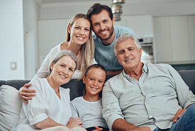 Buy stock photo Portrait of grandparents, parents and child on sofa enjoying holiday, weekend and quality time together. Big family, love and senior couple bonding with mom, dad and girl on couch in family home