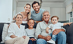 Relax, portrait or happy big family love enjoying quality bonding time in a family home on holiday vacation. Senior grandparents, mother and father relaxing with children siblings on living room sofa
