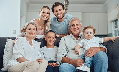 Buy stock photo Relax, portrait or happy big family love enjoying quality bonding time in a family home on holiday vacation. Senior grandparents, mother and father relaxing with children siblings on living room sofa