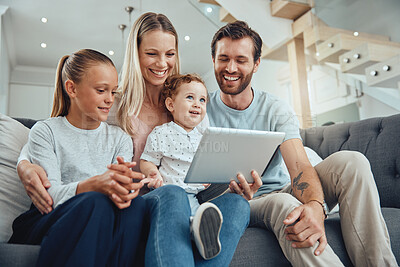Buy stock photo Love, tablet and family in living room, social media and smile for connectivity, online chatting and parents. Children, mother and father with kids, connection for happiness and quality time on sofa.