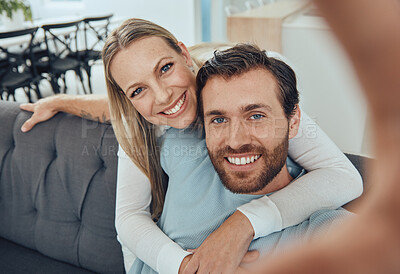 Buy stock photo Love, selfie and couple on sofa, smile and bonding for relationship, weekend break and romance. Portrait, man and woman loving, romantic and hug for social media, dating and share pictures on couch.
