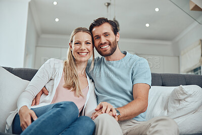 Buy stock photo Love, relax and portrait of couple on sofa enjoying quality time together on weekend, vacation and holiday. Relationship, happiness and man and woman smile for romance, affection and embrace at home 