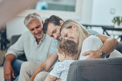 Buy stock photo Family, love and together with generations in living room, happy with parents, child and grandfather in family home. Happy family, bonding and support, relax at home with quality time and happiness.