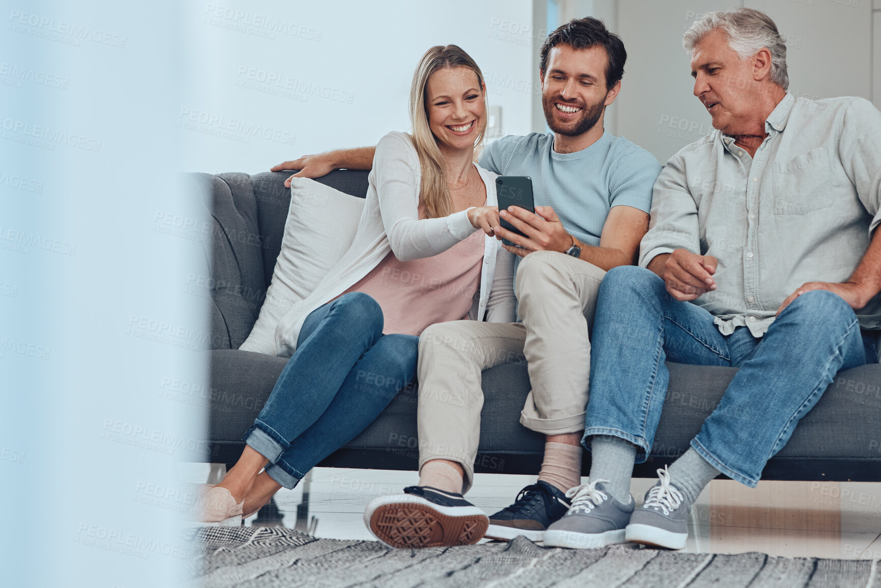Buy stock photo Family, phone and relax on sofa in living room, bonding and having fun. Cellphone, tech and happy man, woman and grandpa on mobile smartphone on couch streaming video, social media or web browsing.
