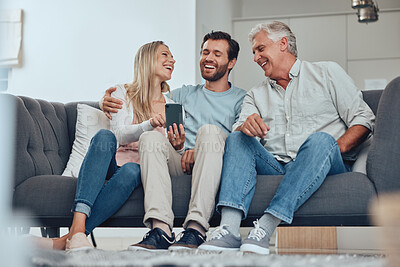 Buy stock photo Family, phone and relax on sofa in home, having fun and bonding. Tech, cellphone and happy man, woman and grandfather with mobile smartphone laughing at comic meme on social media or funny video.