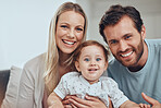 Family, portrait and baby with mother and father, smiling and bonding. Love, care and happy infant, kid or child with parents, man and woman, having fun and enjoying quality time together in house.
