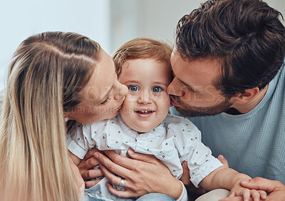Buy stock photo Parents, home and baby face kiss portrait of a mother, dad and child at a house with love. Parent care, relax and happy family together with mom, father and kid calm with a smile in a house bonding