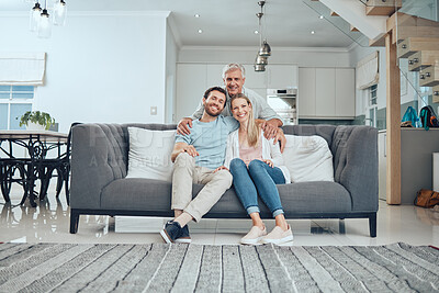 Buy stock photo Couple portrait, sofa and senior father in family home with smile, happy bonding or holiday with hug. Elderly man, couch and embrace by couch with happy family to relax in living room at house Dallas