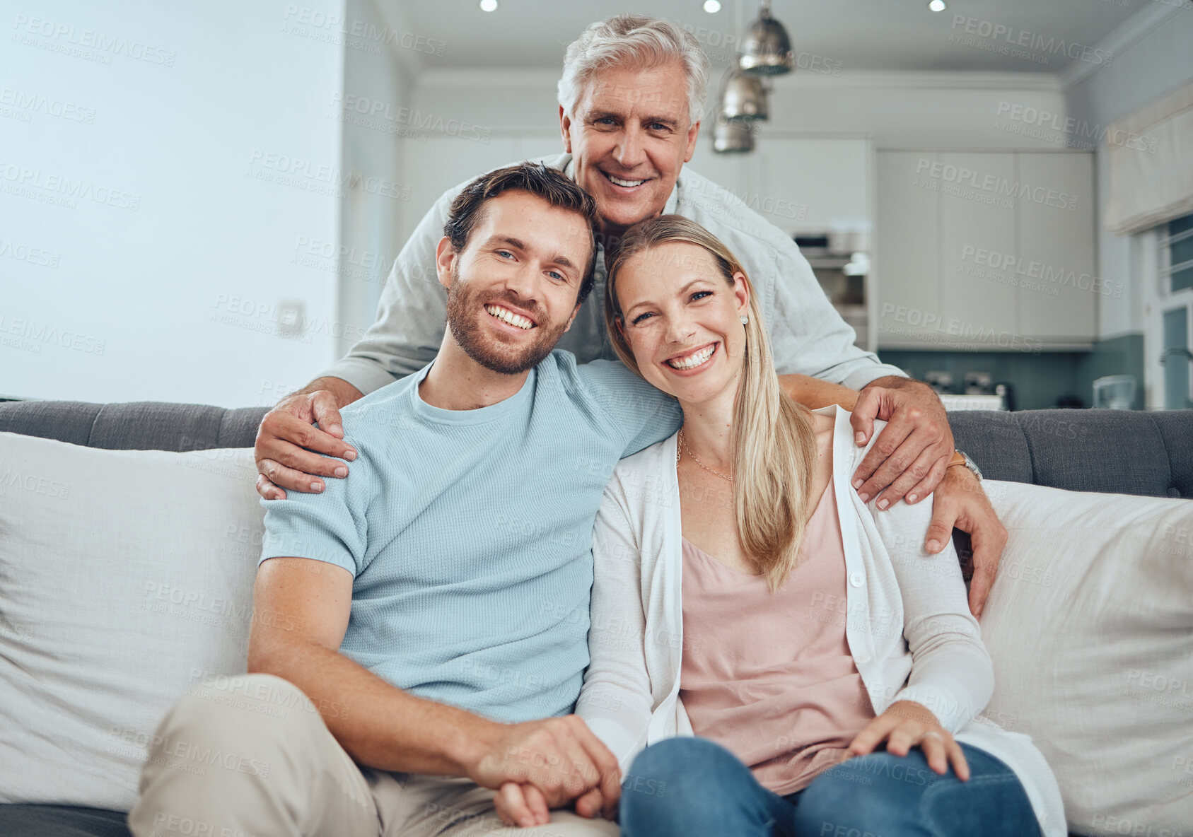 Buy stock photo Portrait, family and relax on sofa in living room, smiling and bonding. Love, care and grandfather, man and woman embrace on couch in lounge, having fun and enjoying quality time together in house.