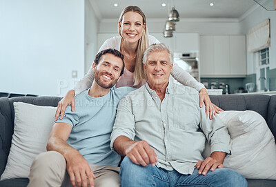 Buy stock photo Family, portrait and relax on sofa in living room, smiling and bonding. Love, care and happy man, woman and grandfather sitting on couch having fun, smile and enjoying quality time together in house.