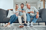 Relax, search and phone with family on sofa for share internet, social media or online news. Care, retirement and help grandfather with man and woman in living room for technology, digital or contact
