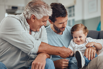 Buy stock photo Family, father and grandfather play with baby in home, having fun and bonding. Love, care and man with grandpa holding hand of happy child, playing and enjoying quality time together in living room.