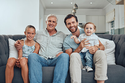 Buy stock photo Portrait of children, dad and grandfather on sofa, generations of family together in living room. Love, home and father with kids and grandpa from Australia relax and smile on couch in home apartment