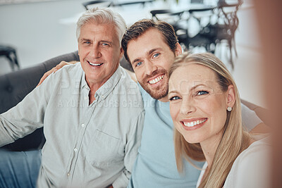 Buy stock photo Family, selfie and relax on sofa in living room, bonding and smiling. Care, love and portrait of grandfather, woman and man taking pictures for profile picture, social media or happy memory together