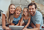 Kids, portrait and family with tablet on home floor for bonding, relaxation and streaming. Happy, mother and dad with children in house enjoying online movie together on weekend in Canada.