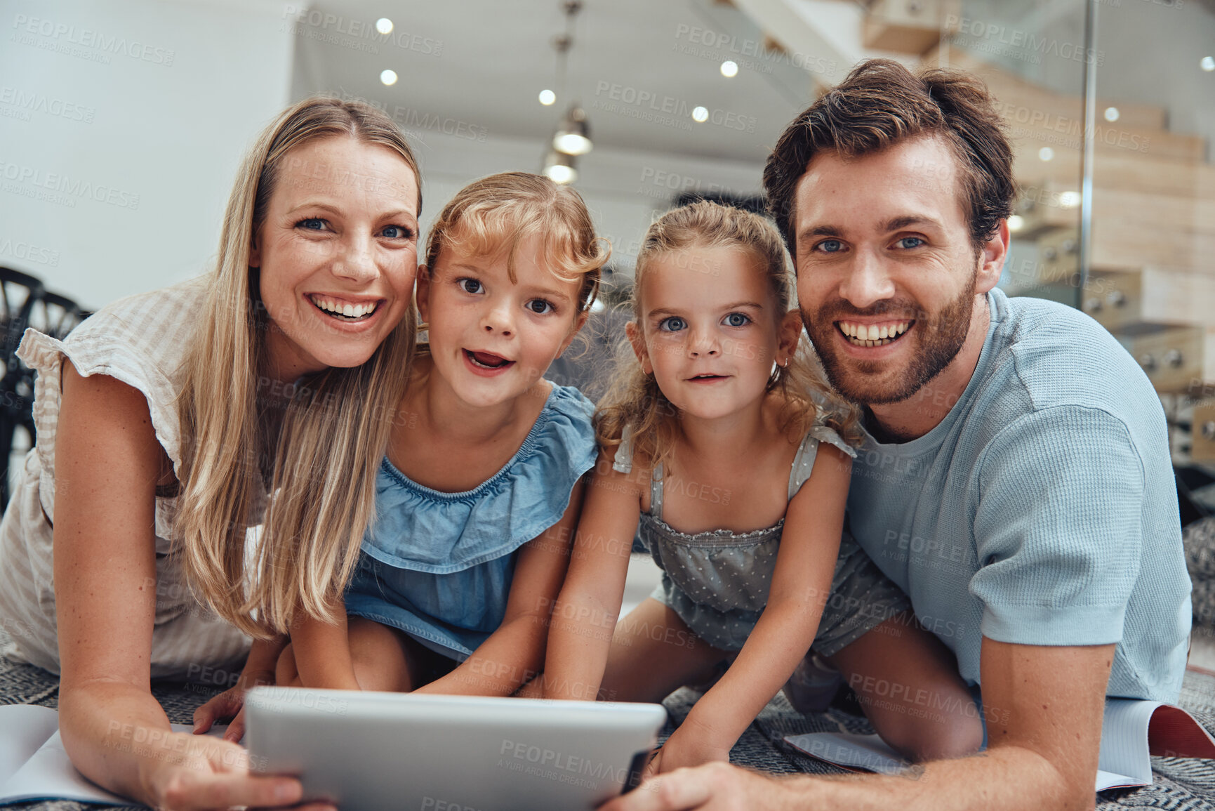 Buy stock photo Kids, portrait and family with tablet on home floor for bonding, relaxation and streaming. Happy, mother and dad with children in house enjoying online movie together on weekend in Canada.