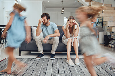 Buy stock photo Kids running, parents on sofa tired and chaos in living room with frustrated mom and dad burnout. Happy children, parenting stress and excited girl and boy with energy play, woman and man in crisis