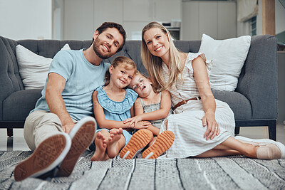 Buy stock photo Love, family and floor in living room, relax and smile for bonding, relationship or loving. Happy, mother and father with kids, quality time and weekend break with girls, home and parents in lounge