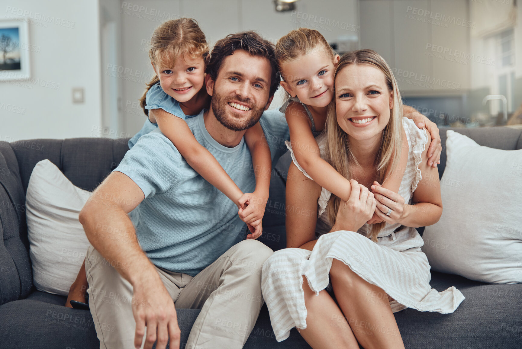 Buy stock photo Portrait, mother and father with girls, smile and bonding on sofa for break, quality time and happiness. Love, family and parents with daughters, loving and joy for childcare, mama and dad with kids.