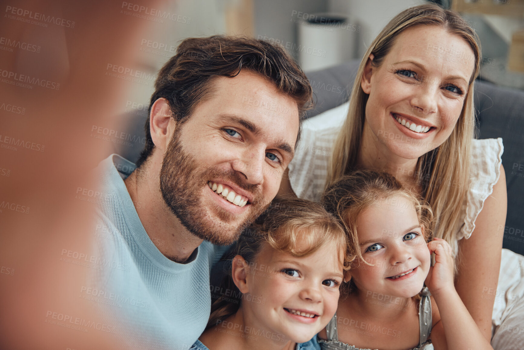 Buy stock photo Home, love and selfie of family on sofa enjoying holiday, vacation and quality time on weekend together. Relax, affection and portrait of mom, dad and children bonding, smile and happiness on couch