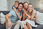 Happy family, bonding parents or children hug in Canada house or home living room in trust, relax support or love security. Portrait, smile or kids with mother, father or man and embrace woman unity