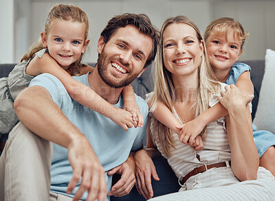 Buy stock photo Happy family, bonding parents or children hug in Canada house or home living room in trust, relax support or love security. Portrait, smile or kids with mother, father or man and embrace woman unity