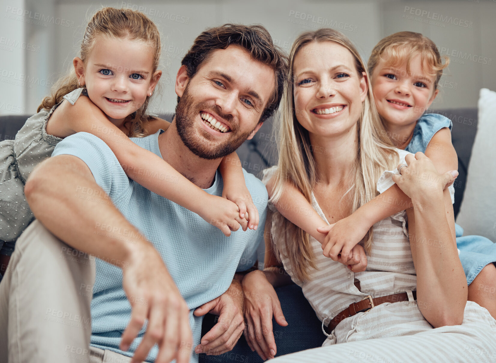Buy stock photo Happy family, bonding parents or children hug in Canada house or home living room in trust, relax support or love security. Portrait, smile or kids with mother, father or man and embrace woman unity