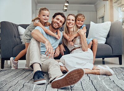 Buy stock photo Happy family, bonding parents or children hug in Canada house or home living room in trust, relax support or love security. Portrait, smile or kids with mother, father or man and woman embrace