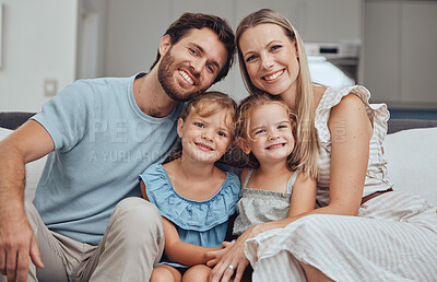 Buy stock photo Portrait, mother and father with girls, smile and bonding on sofa for break, quality time and happiness. Love, family and parents with daughters, loving and joy for childcare, mama and dad with kids.