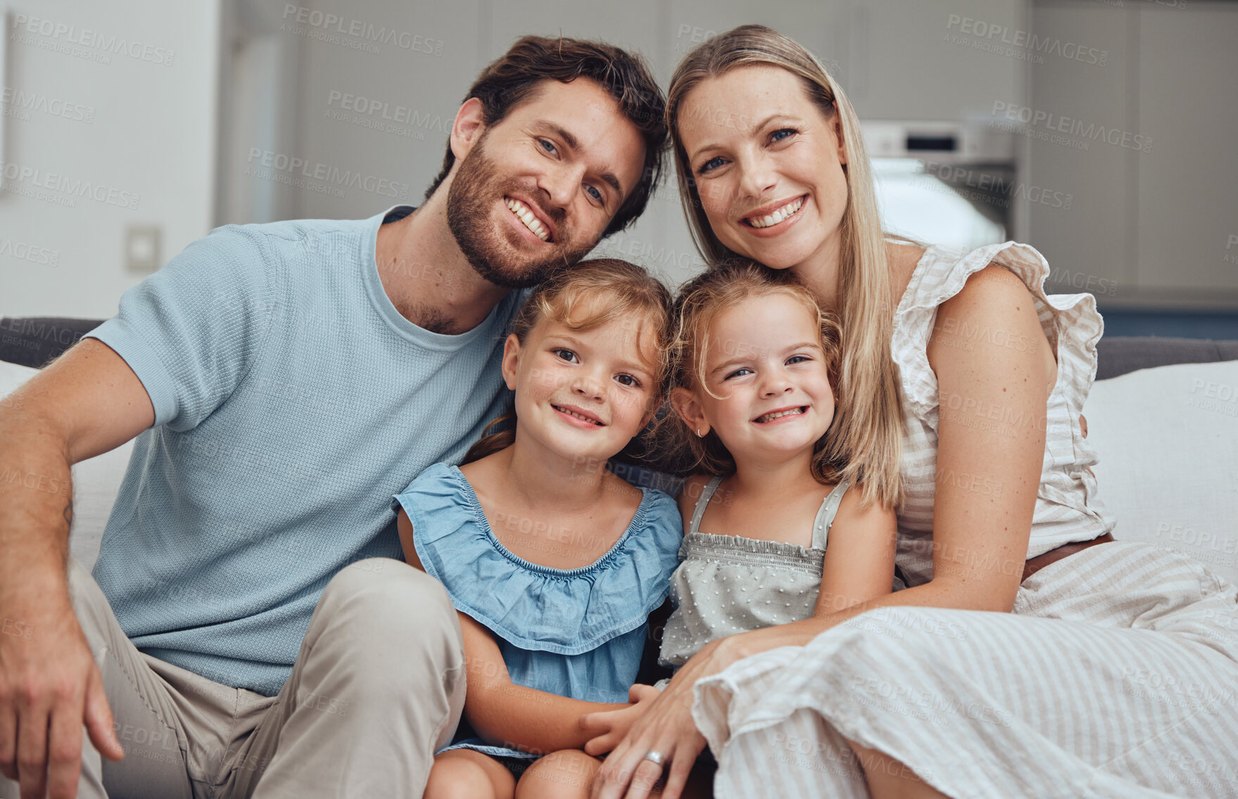 Buy stock photo Portrait, mother and father with girls, smile and bonding on sofa for break, quality time and happiness. Love, family and parents with daughters, loving and joy for childcare, mama and dad with kids.