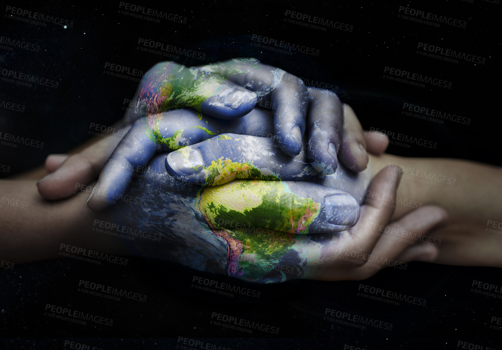Buy stock photo Earth overlay, holding hands and sustainability support of people with global love and empathy. Sustainable, green and  hands together for international help, eco friendly trust and ecology helping 