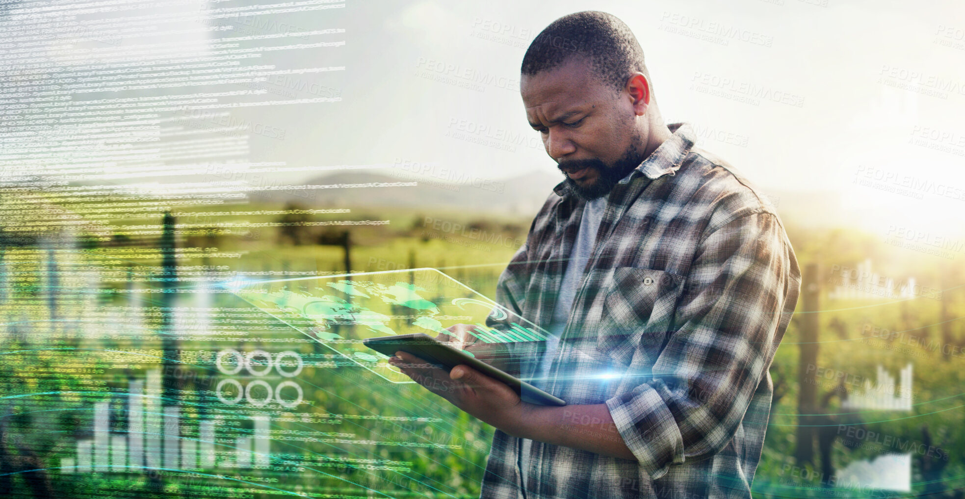 Buy stock photo Digital, tablet and future with black man on farm for sustainability, agriculture and planning. Technology abstract, innovation and ui with farmer for growth, environment and internet networking 