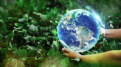 Buy stock photo Planet, plants and sustainability in eco friendly farming with graphic of earth for organic green lifestyle. Nature, agro farm and hands in agriculture to protect earth with sustainable business.