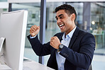 Businessman, computer or success fist in finance office for stock market trading, investment growth or insurance index winner. Happy smile, celebration financial worker or celebration hands on tech