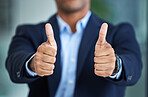 Success, feedback or hands of businessman with thumbs up for agreement, praise or kpi goals achievement in office. Zoom, leadership or employee with thumb up for yes sign, compliance or work support