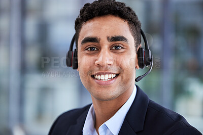 Buy stock photo Telemarketing, happy portrait and indian businessman smile in call center agency, customer service worker and contact us consultant. Crm customer support, help desk employee and corporate happiness