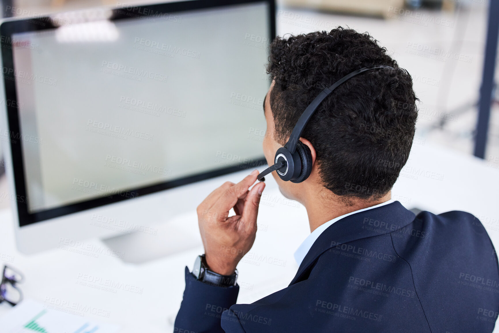 Buy stock photo Call center, mockup and consulting with businessman at computer for telemarketing, customer service or technical support. Communication, contact us and crm with help desk employee for ecommerce sales