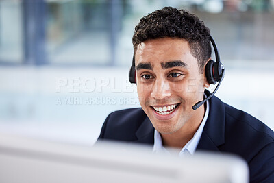 Buy stock photo Businessman, computer or call center in telemarketing help company, customer support office or b2b sales CRM. Smile, happy or talking receptionist worker with technology headset in Indian contact us