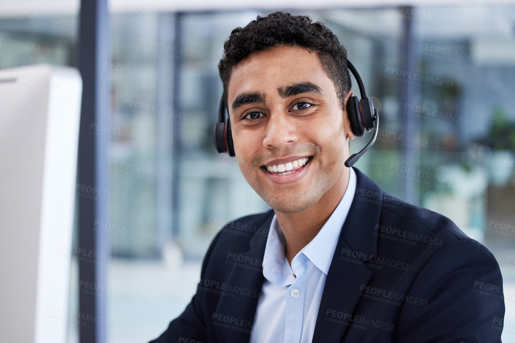 Buy stock photo Businessman, call center and portrait smile for telemarketing, customer support or service at the office. Happy employee man consultant or agent smiling in contact us, help or online advice at desk