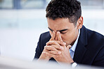 Stress headache, burnout and man in office overwhelmed with workload at computer. Mental health, frustrated and overworked tired trader at startup, anxiety from deadline time in stock market crisis.