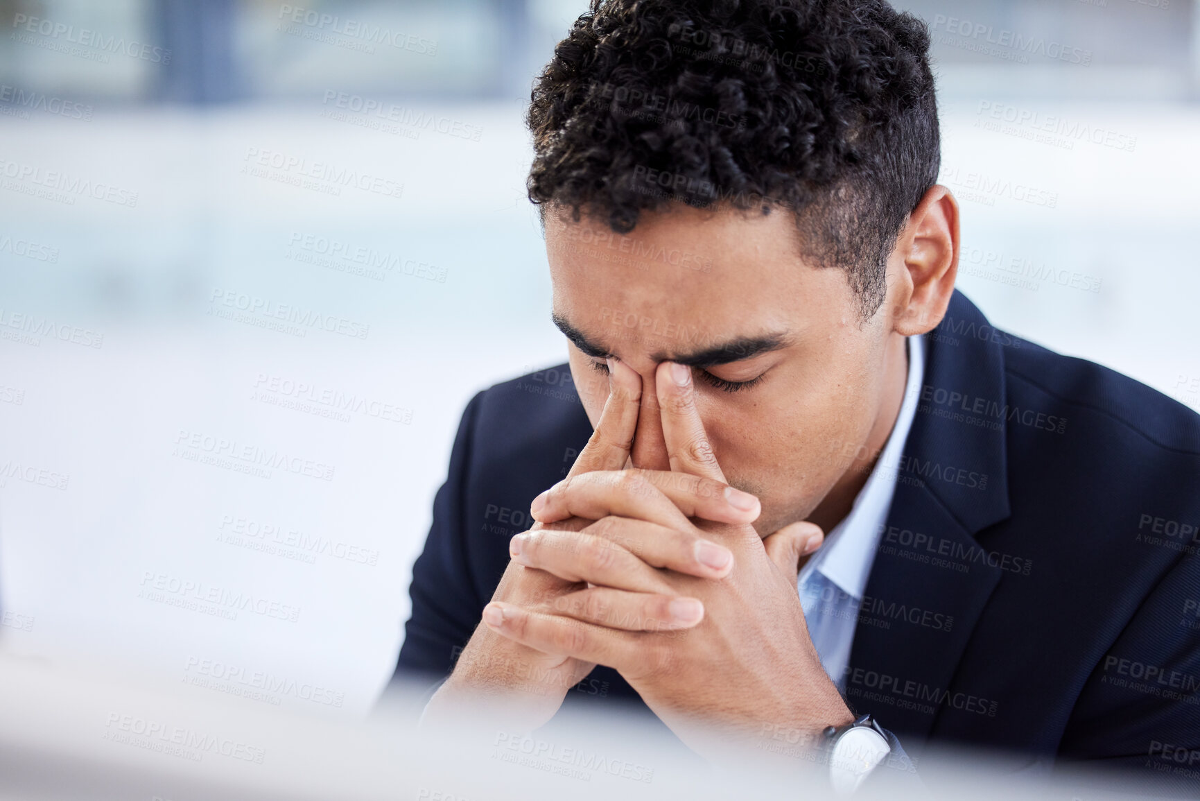 Buy stock photo Stress headache, burnout and man in office overwhelmed with workload at computer. Mental health, frustrated and overworked tired trader at startup, anxiety from deadline time in stock market crisis.