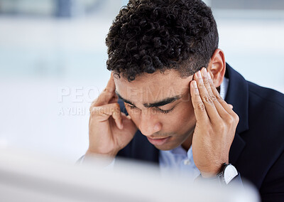 Buy stock photo Stress headache, burnout and man in office overwhelmed with workload at computer. Mental health, frustrated and overworked tired trader at startup, anxiety from deadline time in stock market crisis.