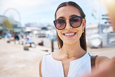 Buy stock photo Travel, happy or woman taking selfie on holiday vacation in summer in Las Vegas, USA with freedom. Smile, fashion sunglasses or portrait of cool girl tourist taking pictures for social media content