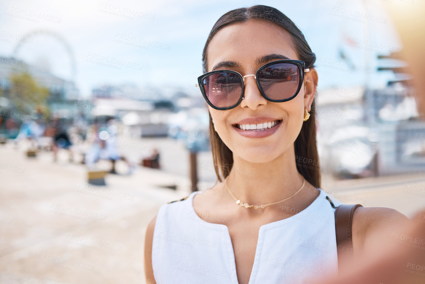 Buy stock photo Travel, happy or woman taking selfie on holiday vacation in summer in Las Vegas, USA with freedom. Smile, fashion sunglasses or portrait of cool girl tourist taking pictures for social media content