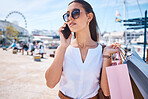 Shopping, fashion and woman on a phone call in city with shopping bags in Miami for sale, discount and bargain. Communication, retail and female with smartphone, sunglasses and trendy style in street